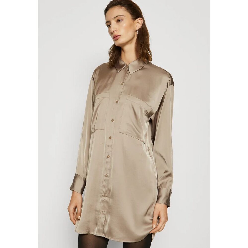 Abercrombie & Fitch DRAPEY SHIRTDRESS SATIN Taupe Size M